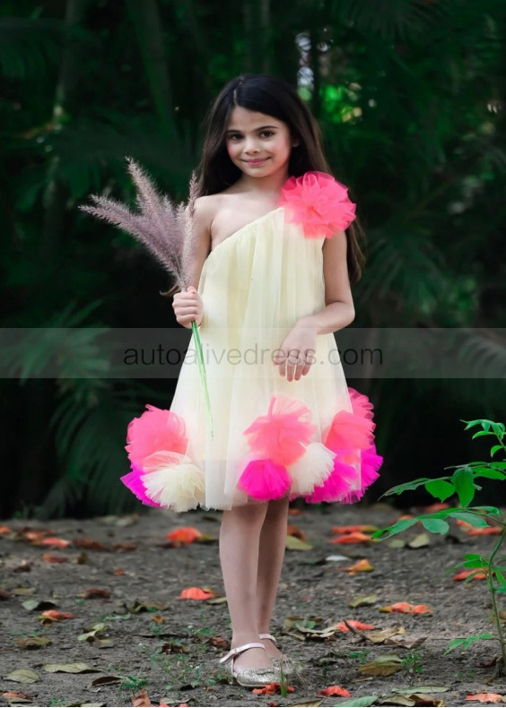 One Shoulder Yellow Pom Pom Tulle Flower Girl Dress